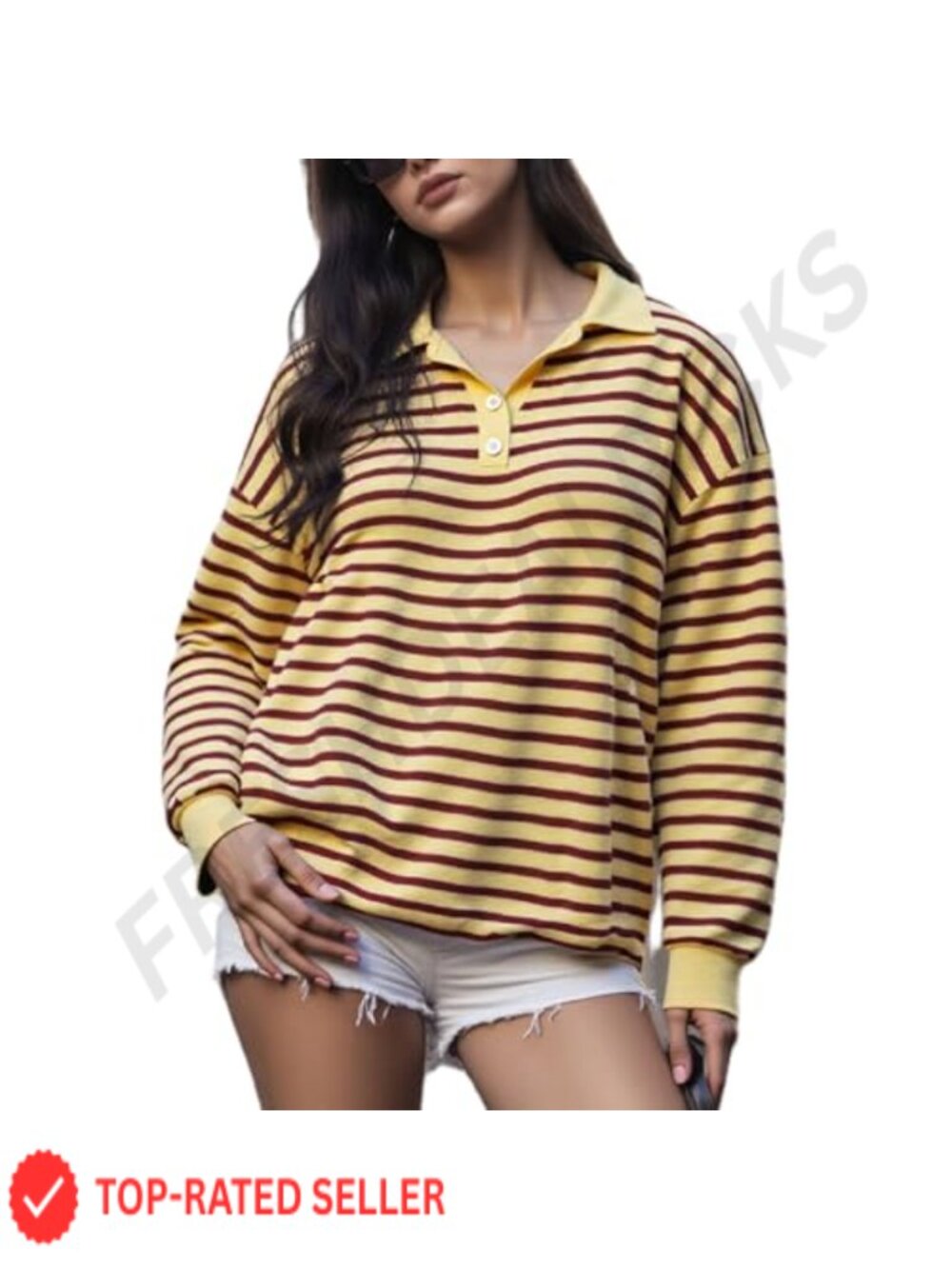 Women's Striped Knit Polo Sweater Long Sleeve Crewneck Colorblock Top